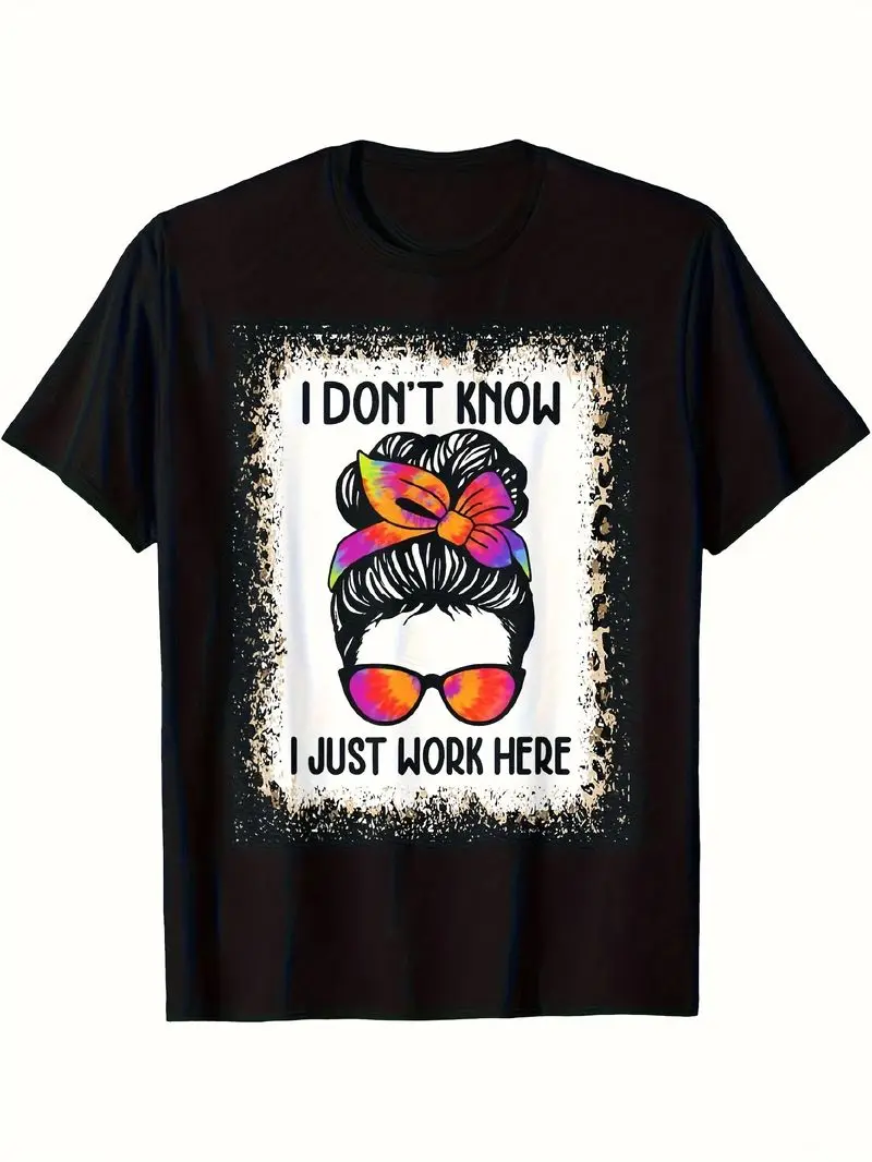 Men's Casual Tee Says I Don't Know I Just Work Here Floral Glasses Bow Design Round Neck Short Sleeves High Elasticity Washable