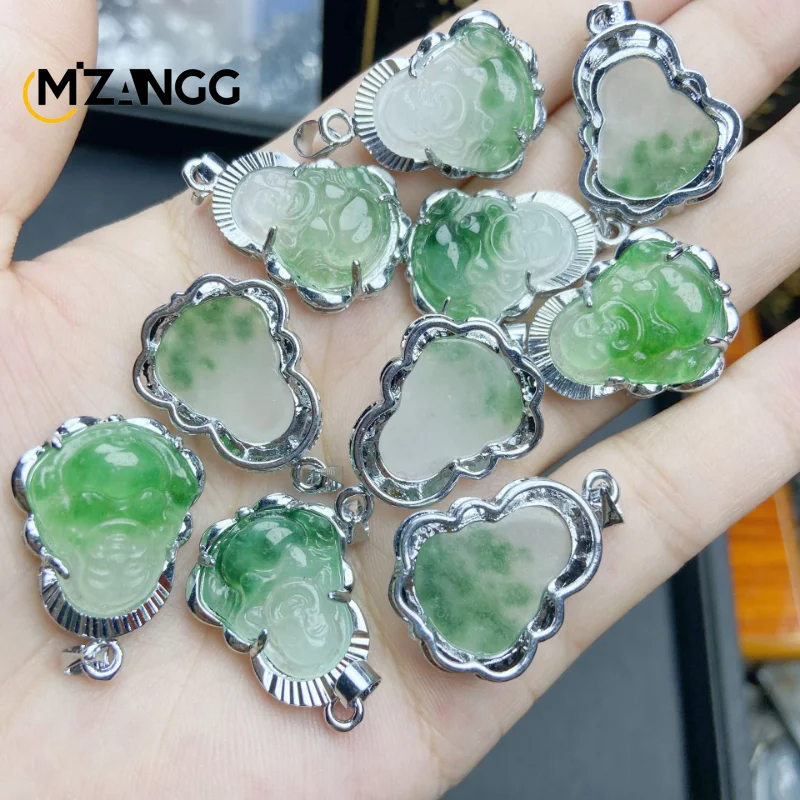 925 Silver Inlaid Jade Buddha Necklace Jadeite Ice Mini Maitreya Buddha Personalized Pendant Lucky Amulet