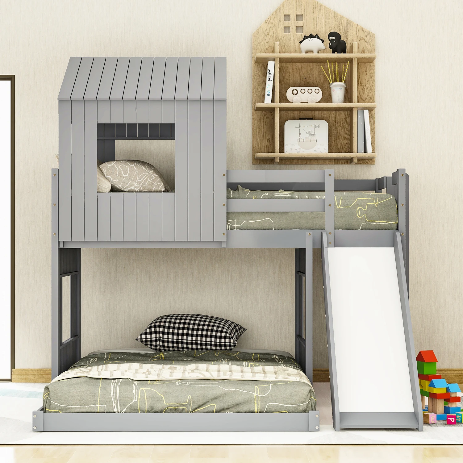 Wooden Twin Over Full Bunk Bed, Loft Bed with Playhouse, Farmhouse, Ladder, Slide and Guardrails, Gray(OLD SKU  LT000028AAN)