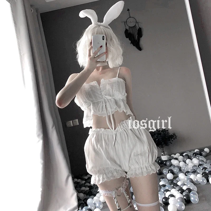 

Sexy White Lingerie Set Lolita Ruffle Underwear Panties Bondage Nightwear Caitsuit Costume Transparent Dress Lolita Cosplay