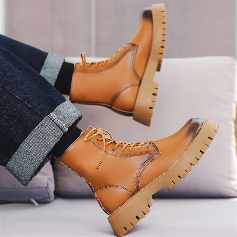 

men's casual party nightclub original leather boots lace-up autumn winter shoes cowboy platform boot cool high motorcycle botas