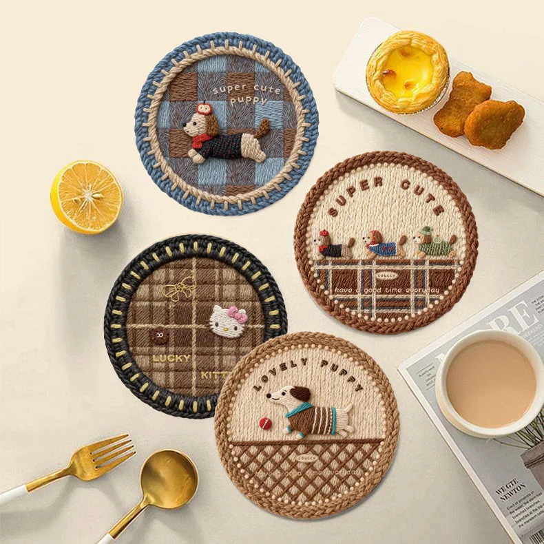 Adorable Puppy Pattern Coasters with Knitted Texture 3D Effect Round Home Coffee Table Mat Heatproof and Waterproof Placemats