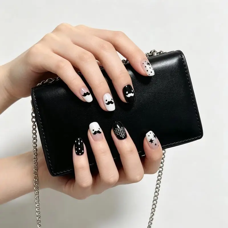 10/30Pcs Short Square Nail Tips Wearable Nail Art Black And White Contrasting Colors With Mustaches Hearts Decor For Women
