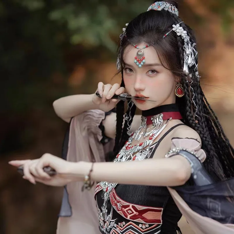 Spring And Autumn Yunnan Lijiang Exotic Style Clothing New Hanfu Female Adult Black Miao Hani Chinese Style Ancient Clothing