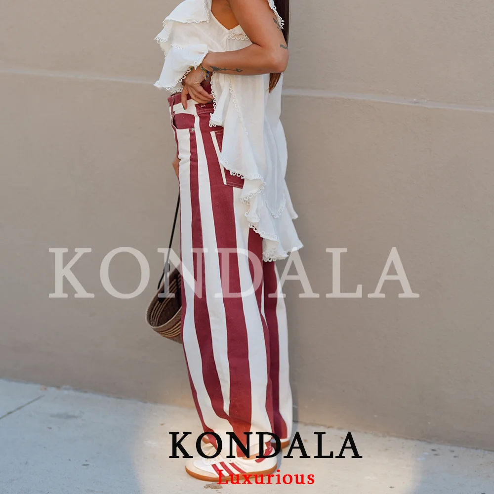 KONDALA Vintage Chic Rote Streifen Loose Fit Lange Hose Boho Elegante Damen Weite Hose Mode 2026 Herbst Lässige Damenhose – Detail 4