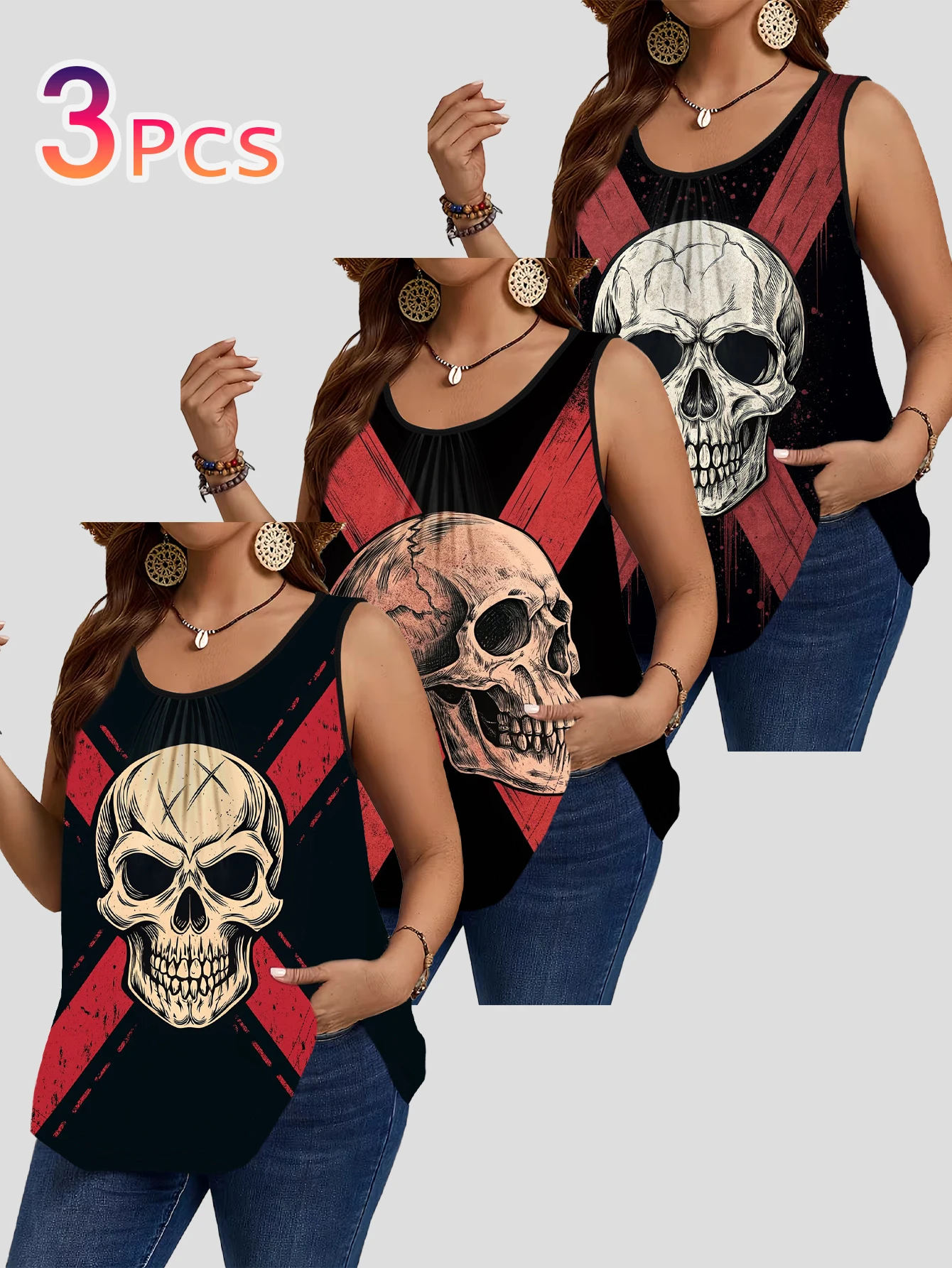 3-Piece Set of Plus-Size Sleeveless Vests with Vintage Distressed Red and Black Cross Skull Print, American Dark Style Loose-Fitting Tank Tops That Cover the Body