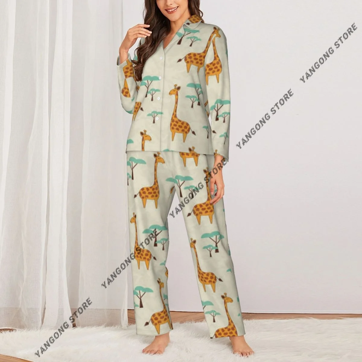 Spring and Autumn Long Sleeve Pants Pajamas Loungewear Set Cute Giraffes And Trees Women's Pull Edge Loose Sleeping Suit