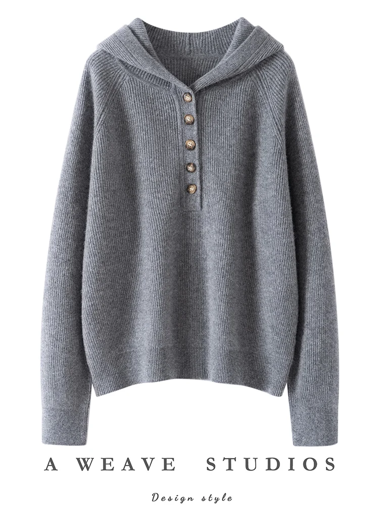 

TLOML New Women 100% Cashmere Sweater Hoodie Buttons Design Pullover Casual Loose Cashmere Knitwear Autumn Winter Soft Warm Tops