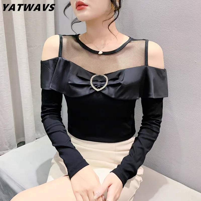 High-End Custom Women Sexy Off Shoulder Long Sleeve T-Shirt Streetwear Girl Chic Love Diamonds Tops New Fashion Slim Tee Blusas