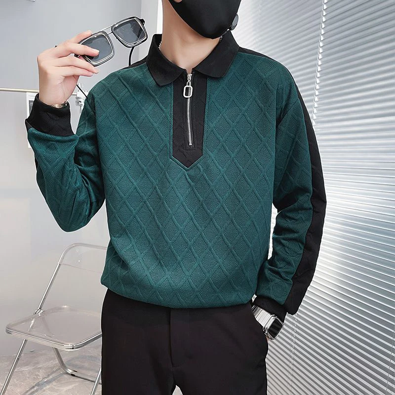 Autumn Winter Zipper Long Sleeve Men Polo Sweatshirts Argyle Plaid Fashion Spliced Hit Color Business Casual Oversized Pullovers