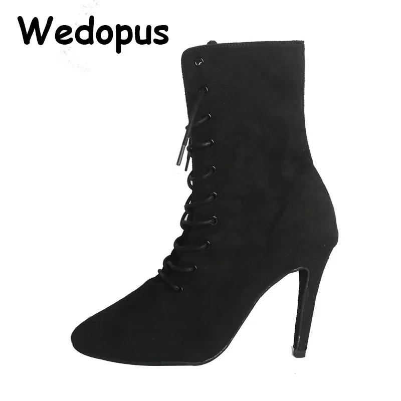 

Wedopus Women's 11CM Heel Suede Sole Heels Dance Boots Black Velvet Latin Dance Boots Woman Pointed Toe Size 42