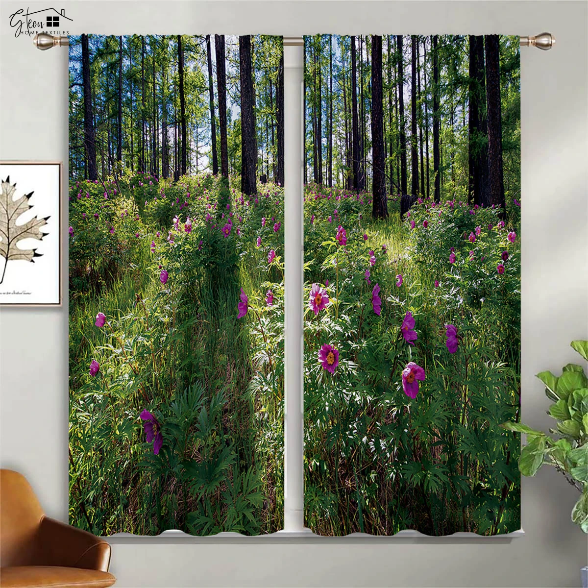 Forest Scenery 3D Printed Curtains Woods Flowers Green Sunshine Autumn Maple Leaves Natural Vitality Rod Pocket Curtains 2PCS