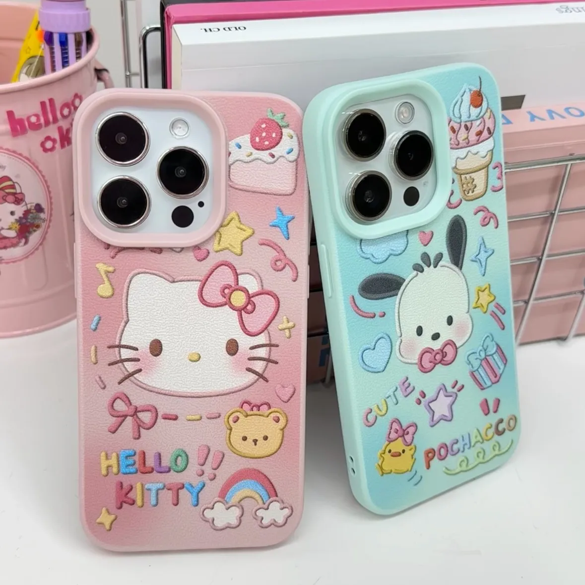 Cute Hello Kitty Pochacco Fashion TPU Imitation Leather Phone Case For iPhone 16 Plus 15 14 13 12 11 Pro Max Shock-absorbing