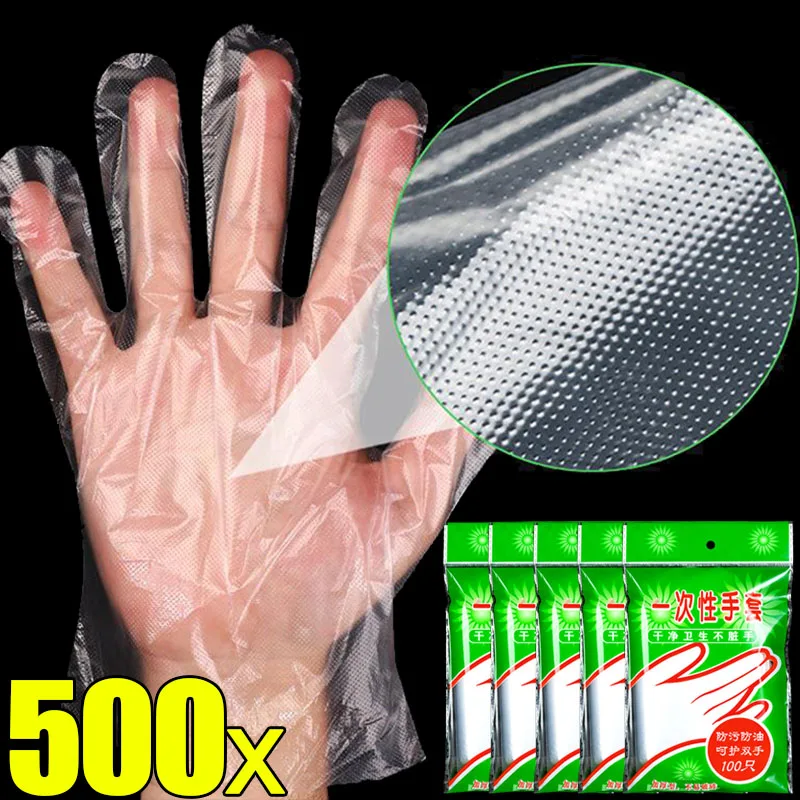 500/100Pcs Disposable Gloves Transparent One-off Plastic Gloves Food Grade PE Material Pizza BBQ Clear Multi-functional Gloves