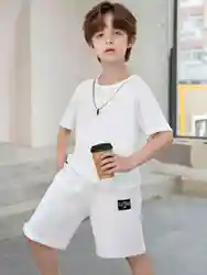 Summer fashion solid color casual comfortable crewneck short-sleeved T-shirt shorts sports two-piece set for boys
