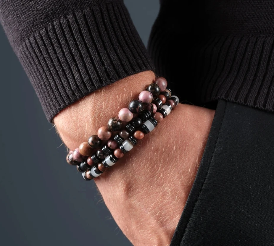 Neu in gestapelten Perlenarmband für Herren, modisch, passend zu rosa Zebra, schwarzem Gallenstein, Naturstein, elastisches Armband für Herren