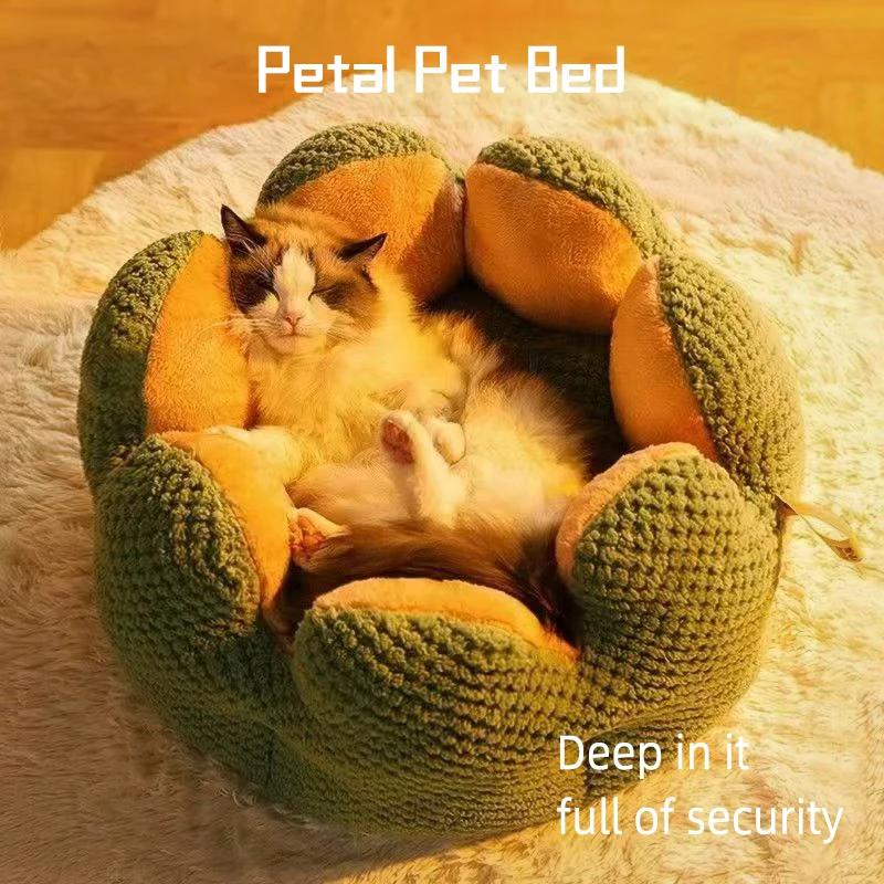 Cat bed winter thick warm cactus petal pet bed sleeping soft dog bed dog mat cat house round cute pet supplies deep sleeping bed