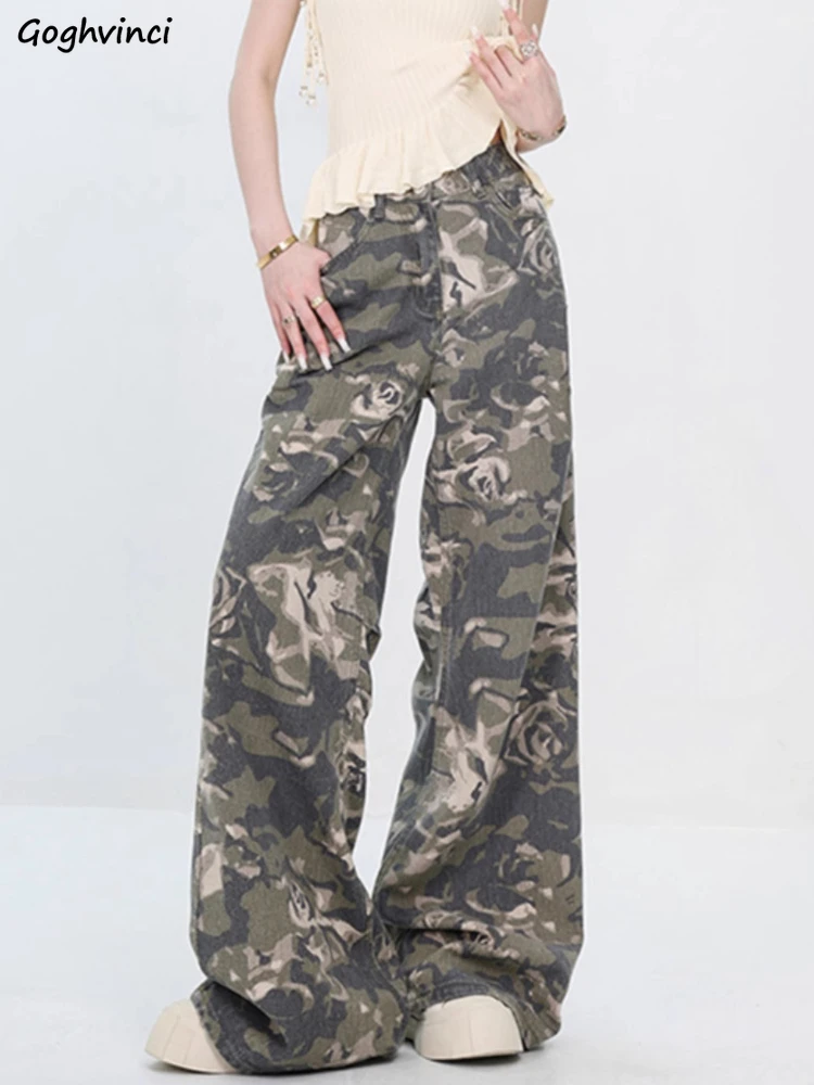 

Wide Leg Jeans Women Retro Camouflage High Street Sweet Cool Girls Baggy Chic American Style All-match Mopping Trousers Summer