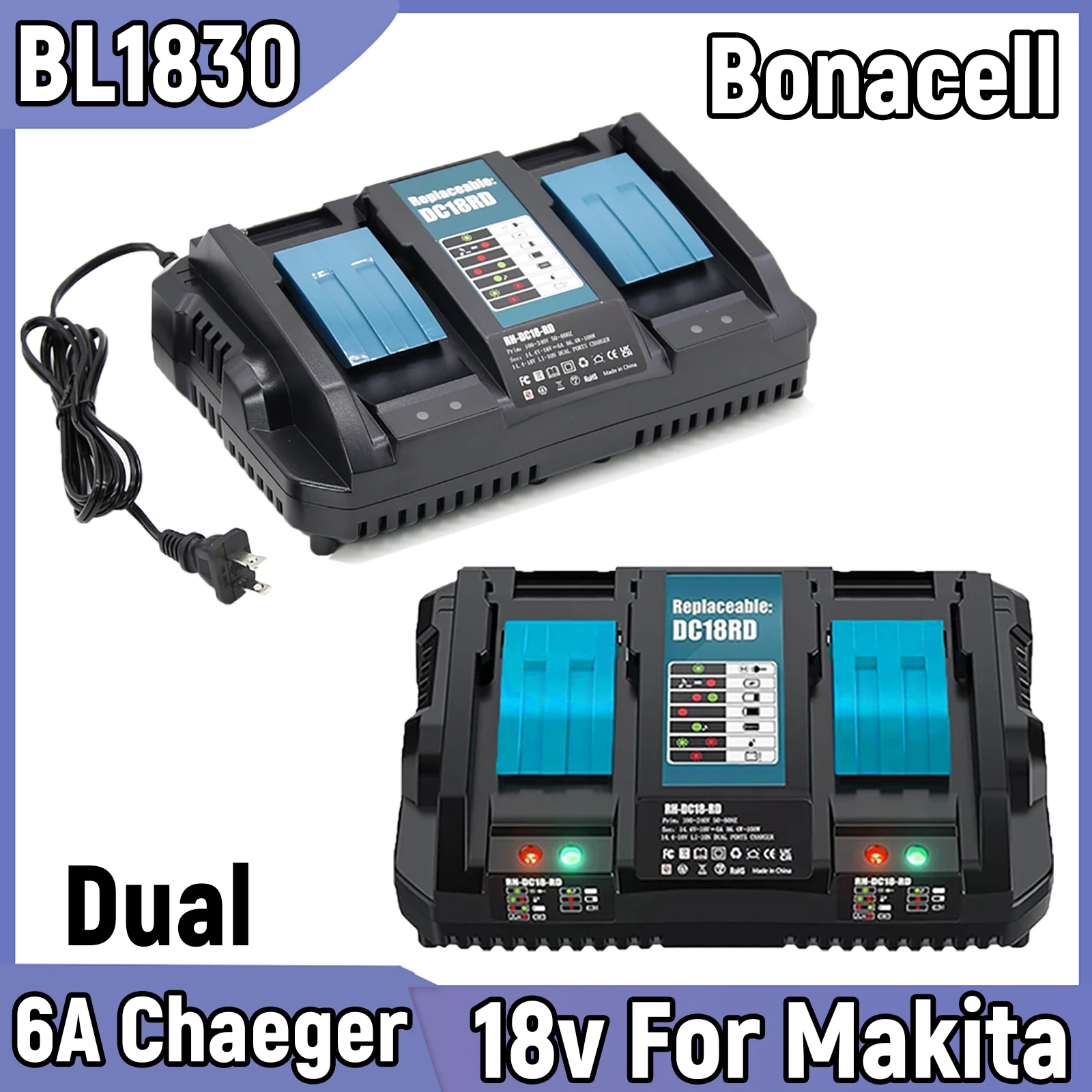 For Makita BL1830 Battery 6A Charger Dual BL1840 BL1850 BL1860 Compatible For 18V Makita Battery 14.4V-18V Battery Charger