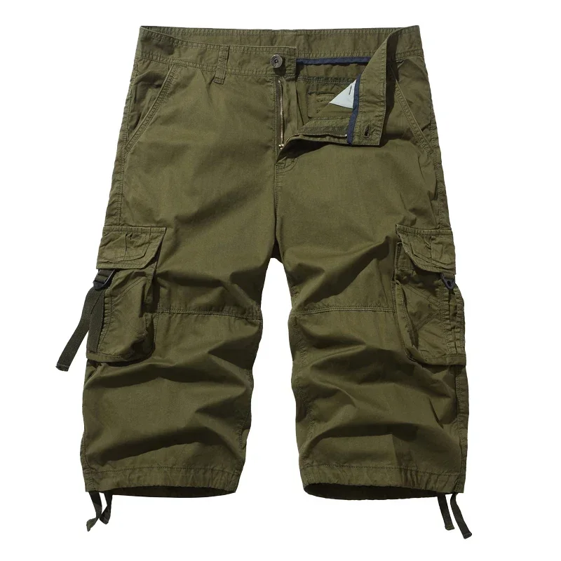 New Loose Large Size Cargo Shorts Cotton Men\'s Tactical Casual Shorts Solid Color Patchwork Military Shorts White Knee Length