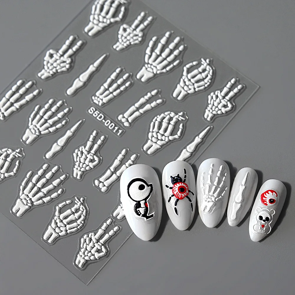 Autocollants 5D pour Nail Art, 1 pièce, décalcomanies adhésives à design de dessin animé d'Halloween, main de squelette/sang/araignée/Aliments, curseur de manucure #