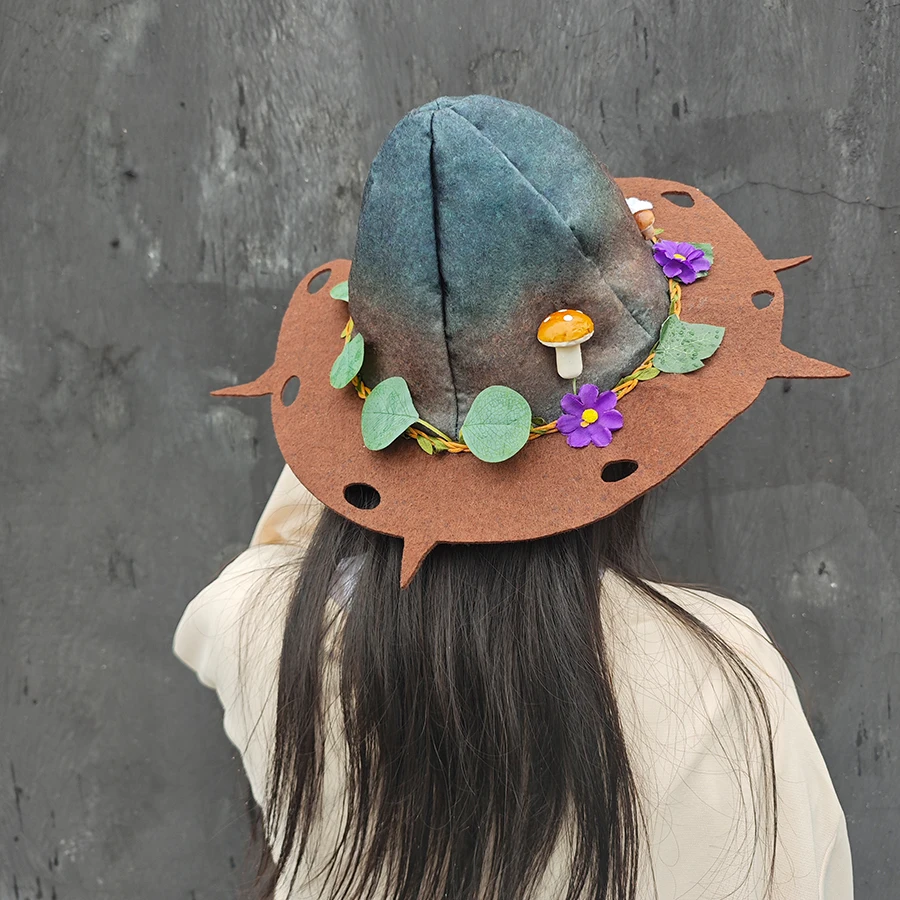 Forest Elf Witch Hat With Mushroom Flower Leaf Decor, Irregular Jagged Hollow Brim Wizard Hat, Polyester Vintage Halloween Renai