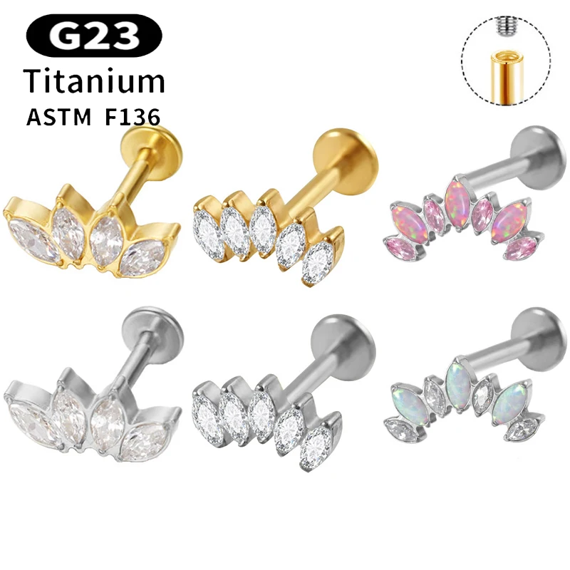 

1PC G23 Titanium Piercing Ear Studs CZ Horse's Eye Internal Thread Flatback Cartilage Tragus Lip Stud Labret Piercing Jewelry