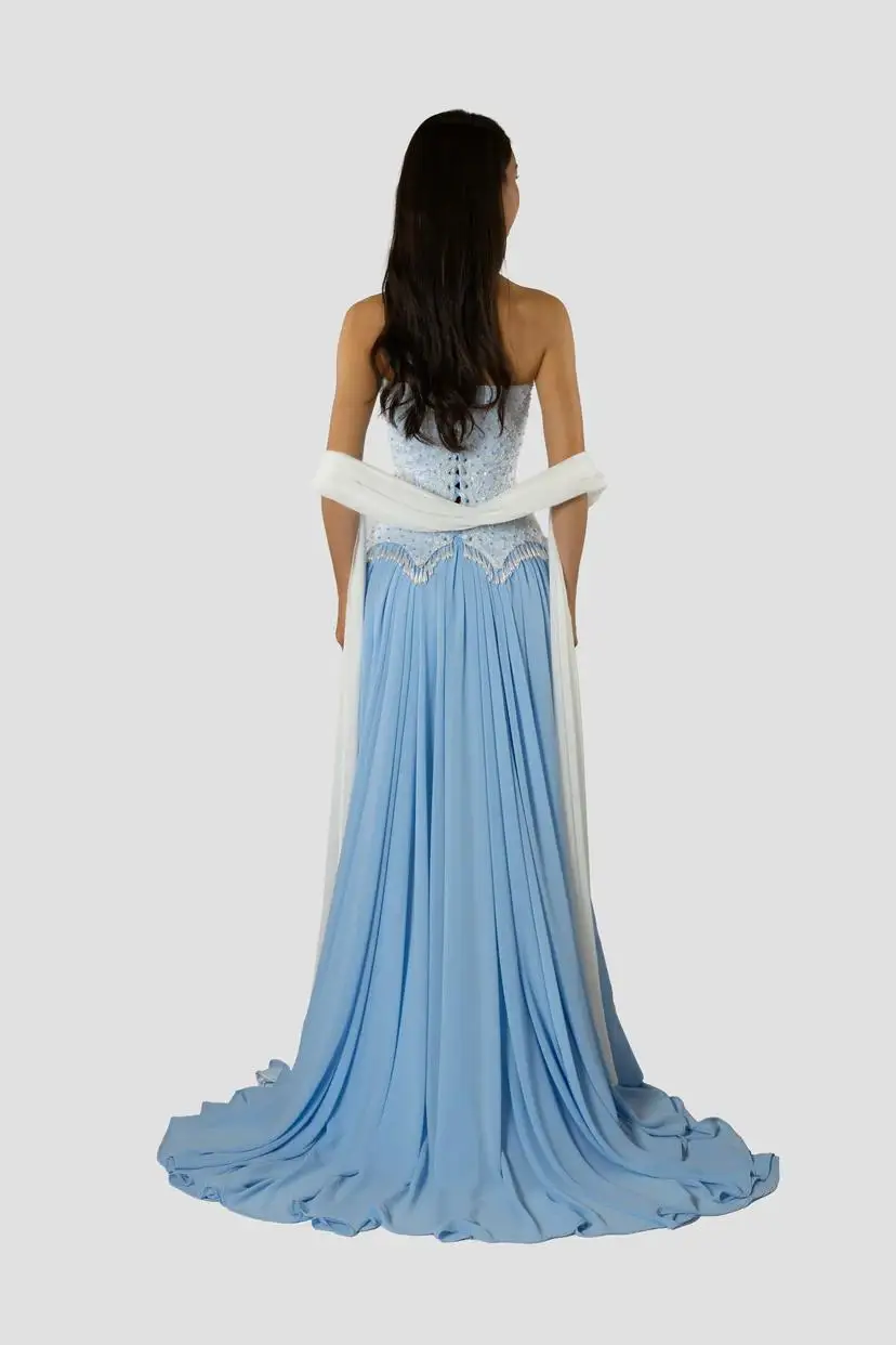 2026 Custom Lace Crystal Corset A Line Gown Sky Blue Strapless Pearl Fringe Hem Removable Soft Chiffon Ribbon Luxury Dress Women