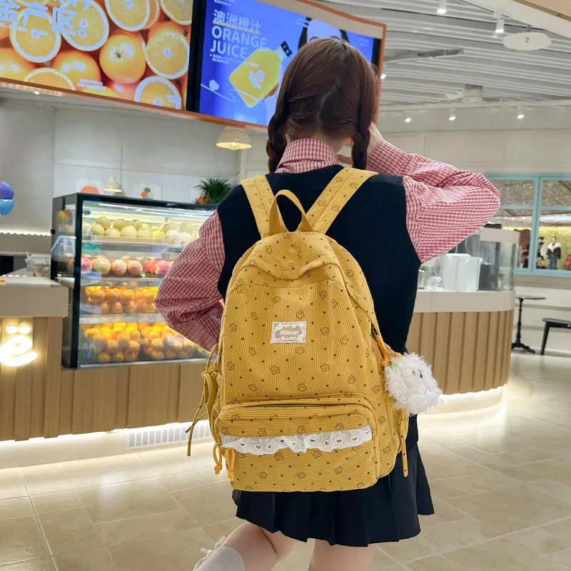 Polka Dot Print Cute Preppy Bag with Plush Pendant Floral Printed Kawaii Backpack Lace Trim Cottagecore  Bag for Women