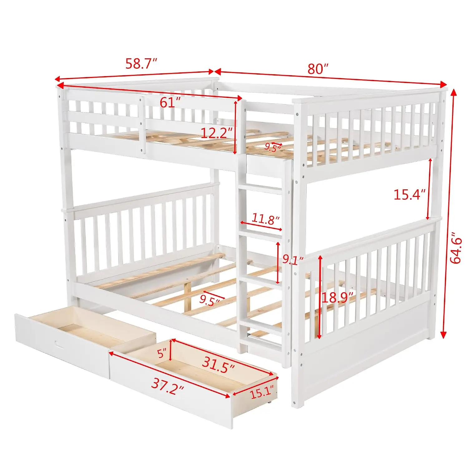 Full-Over-Full Bunk Bed with Two Storage Drawers, Solid Wood Full Size Bunk Bed with Guardrail and Removable, Customized