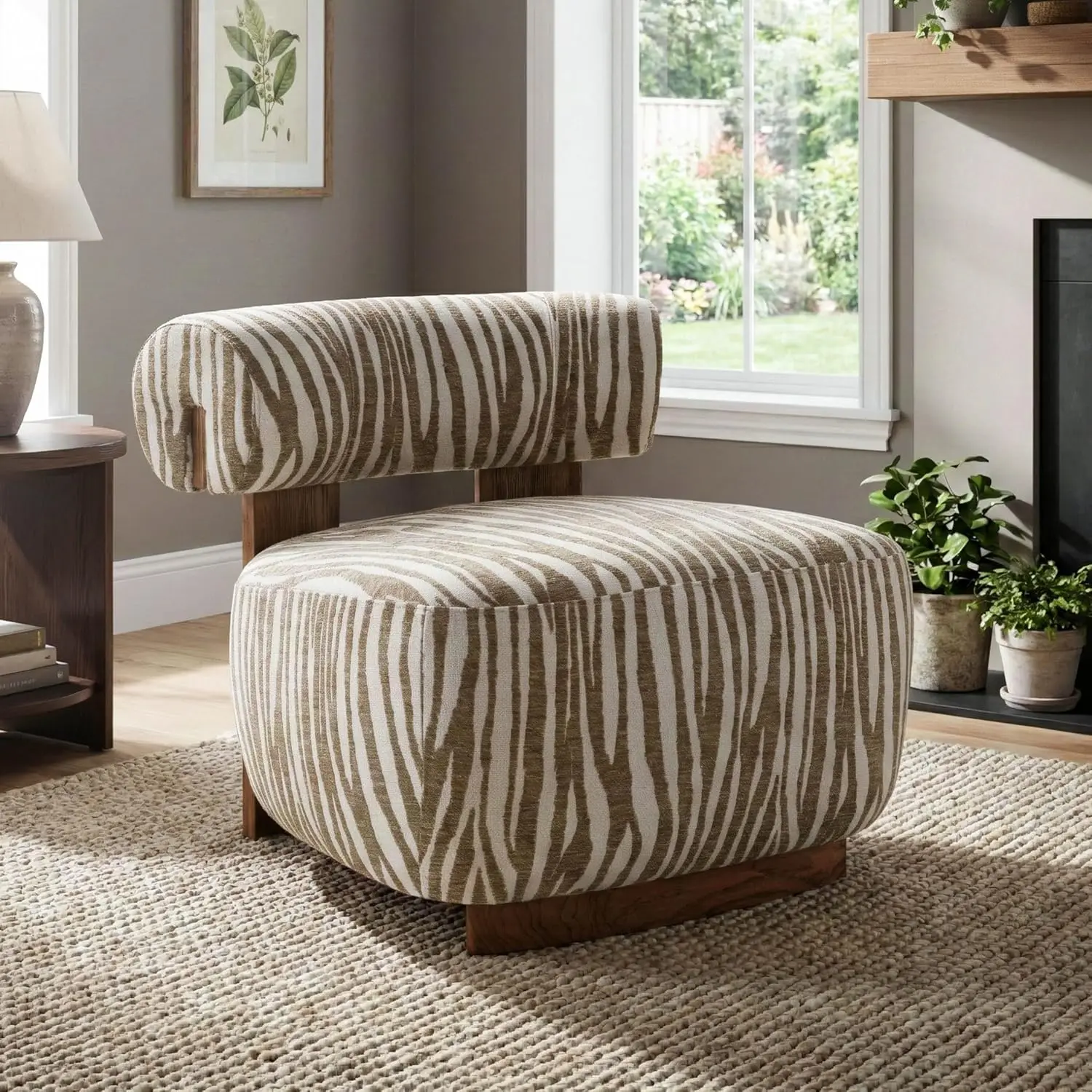 Chenille Accent Chair Zebra-Stripe Cylindrical Backrest Living Room 30.3-inch Beige, Customized