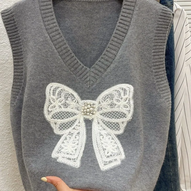 

Вязаный жилет с бантом и бисером, осенне-зимний стиль, универсальный внутренний свитер с вышивкой, жилет для женщин, верхний