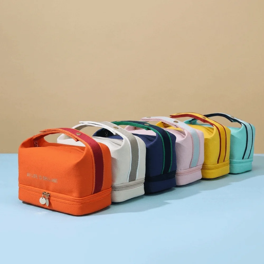 Fashion Portable Canvas Makeup Bag Double Layer Ins Style Travel Storage Bag Large Capacity Tote Bag for Women