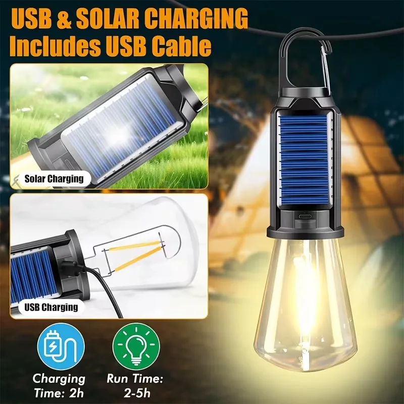 300mAh High Brightness Solar Camping Light, Handheld Dual Power USB Rechargeable Lantern Bulb, Portable Emergency Tent Lamp for Outdoor Camping Emergency Survival