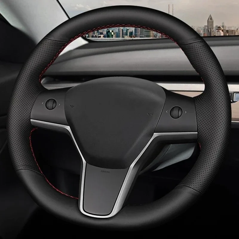 

Car Steering Wheel Cover DIY Hand-stitched Soft Black Artificial Leather For Tesla Model 3 2015 2016 2017-2020 Model Y 2019 2020