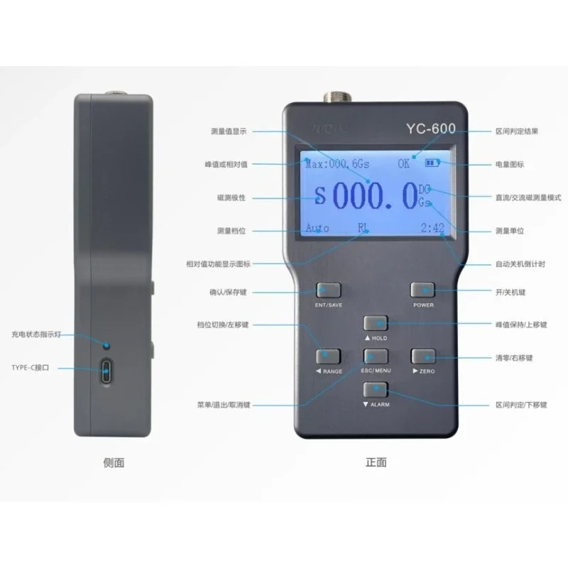 YC-600 Handheld Gaussian Tesla meter, DC AC magnetic field measuring instrument