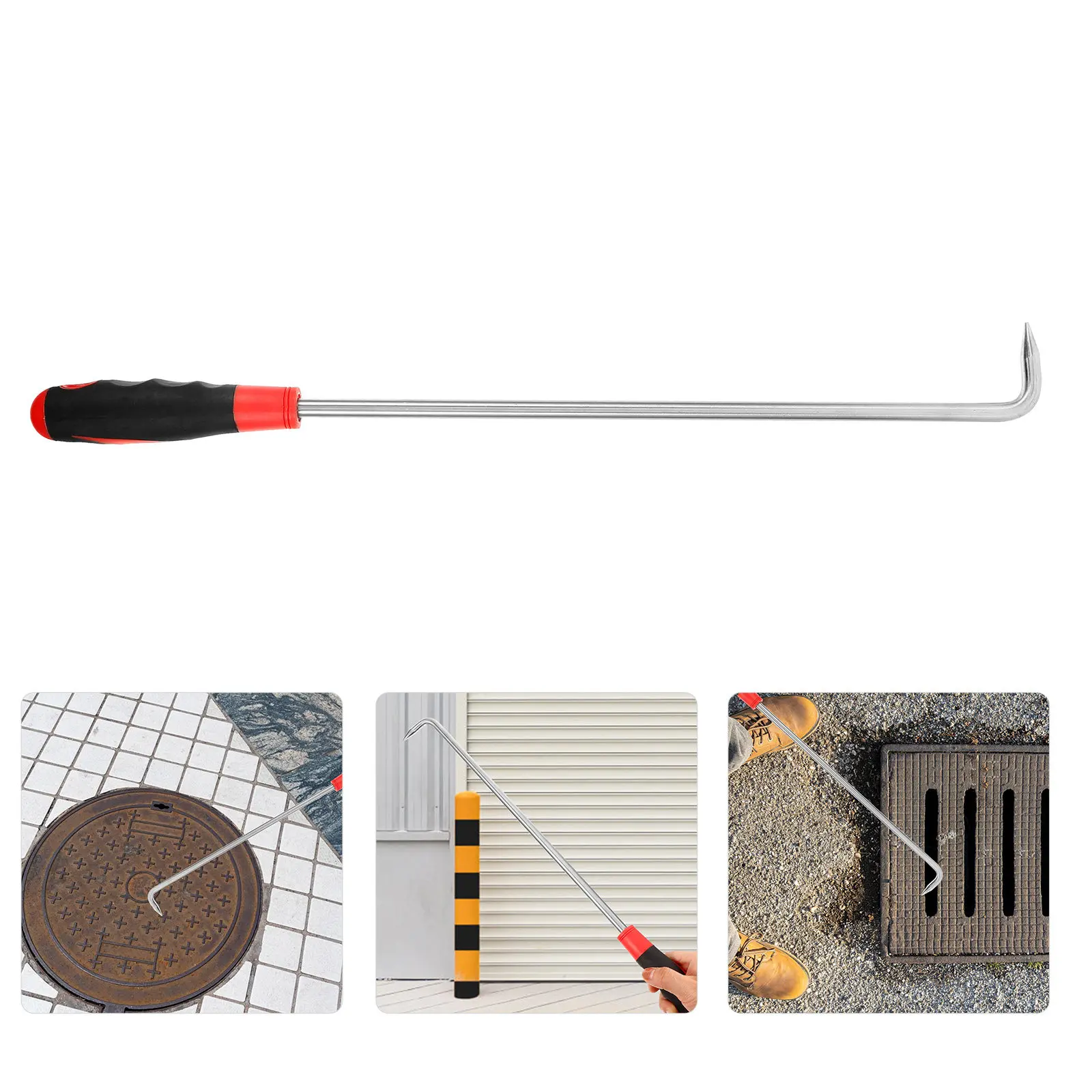 Stainless Steel Manhole Cover Hook Heavy Duty Lifting Tool For Drain Sewer Utility Covers Rubber Grip Handle Manhole