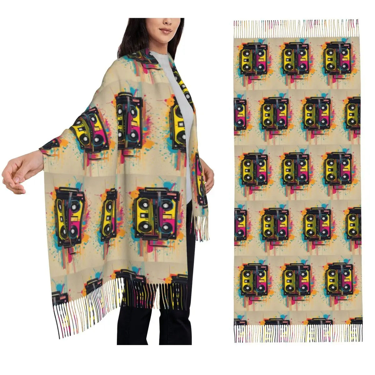 

Cassette Tape Graffiti Scarf Tassel Scarves Women Soft Warm Shawls and Wraps Large Fall Winter Shawl Wrap