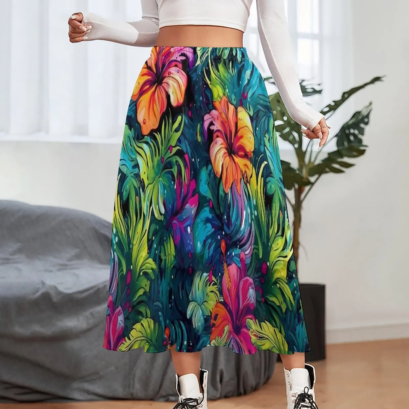 Lily Floral Print Skirt Colorful Flower Retro Long Skirts Summer Korean Fashion High Waist Chiffon Pattern Big Size Casual Skirt