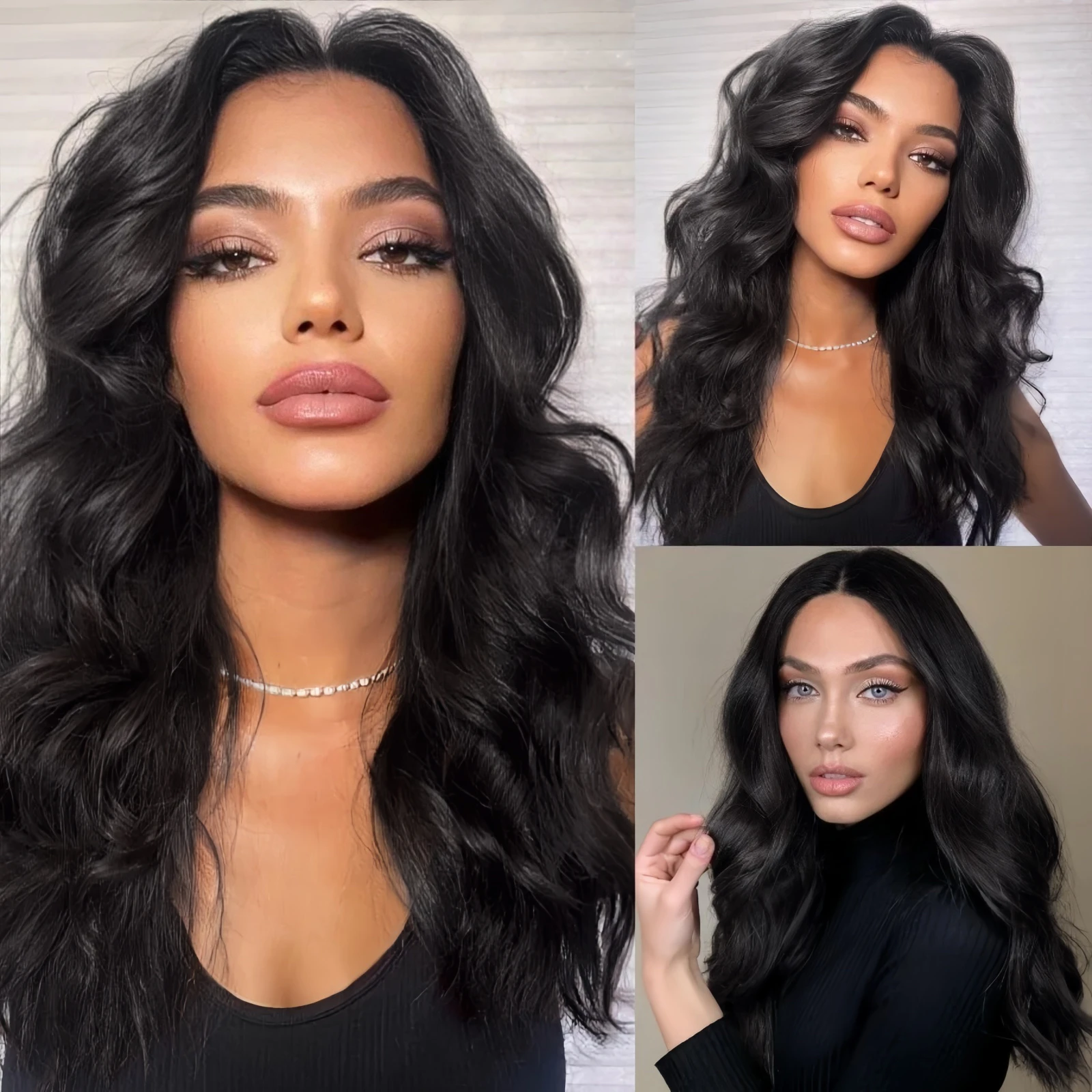 Long Wavy Black Natural Curly Synthetic Lace Front Wig Free Part Loose Body Wave 13X4 Frontal Wigs for Women Daily Party Cosplay