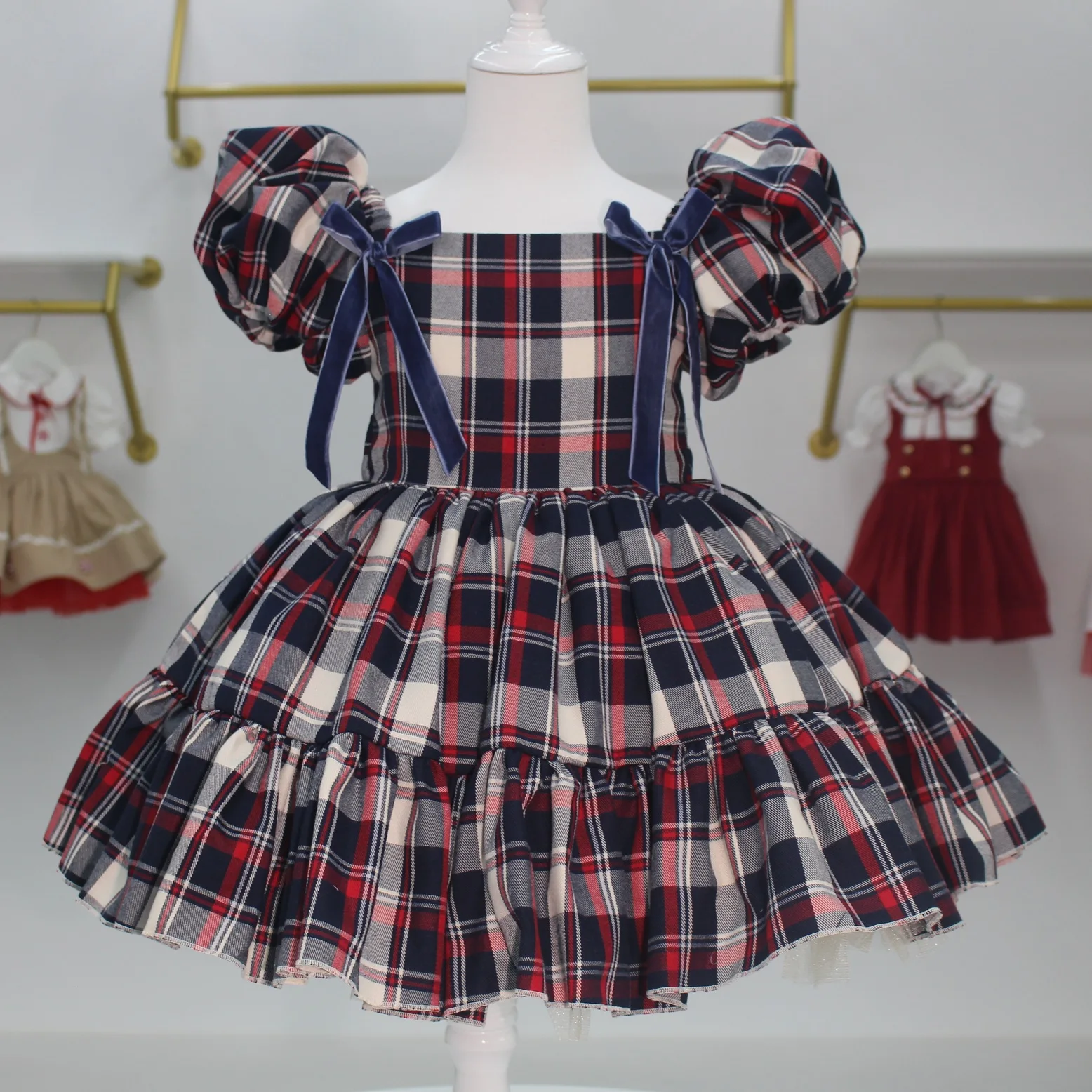 0-12Y Baby Girl Brown Plaid Vintage Spanish Princess Dress for Eid Casual Party B234