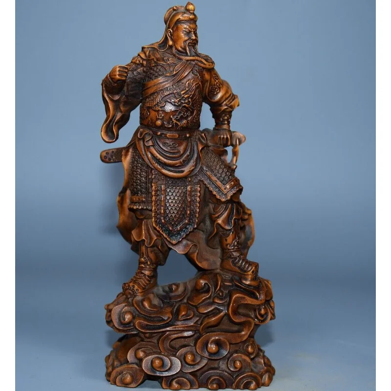 

6.3" Chinese Box-wood Carving Guan Gong Yu Warrior God Yuanbao Stand Statue Craft Gift Decoration Home Decore