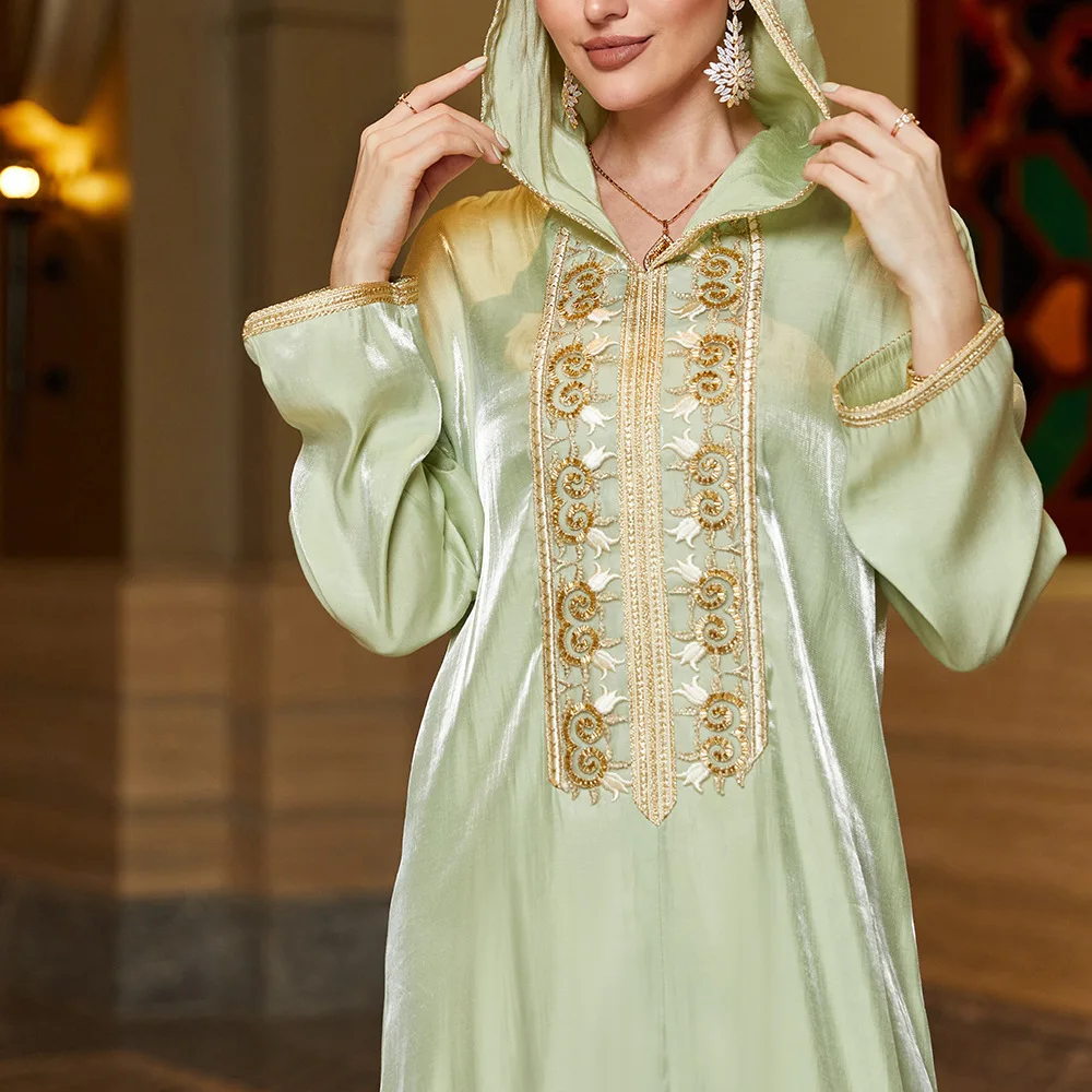 New Golden Mint Green Spliced Lace Bead Embroidered Hat Robe Arab Msilin Women's Wear