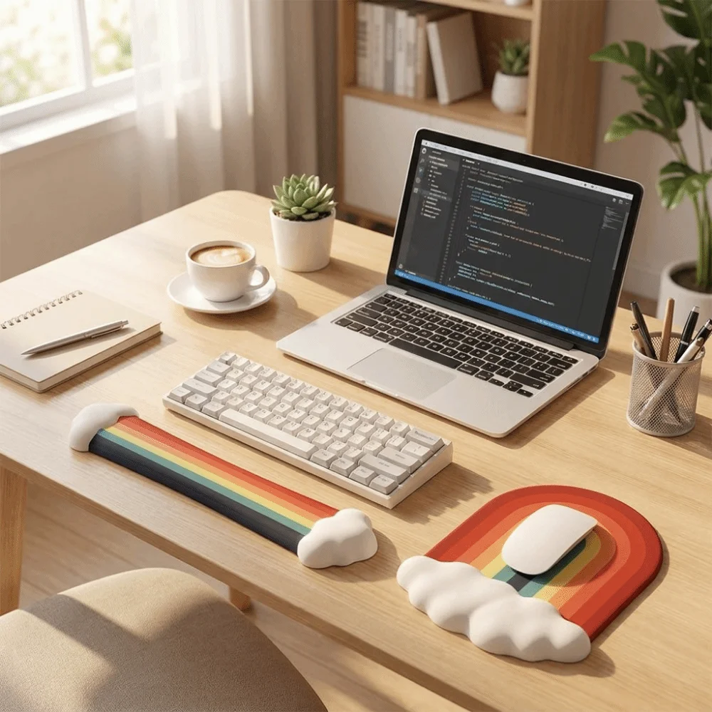 Durable Cute Cloud Rainbow Mouse Pad Non Slip Silicone Keyboard Wrist Support Pad Ergonomic Washable Mouse Mat Computer Setup