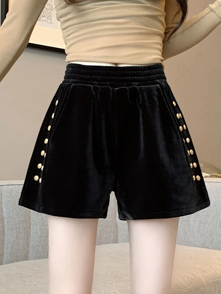 SMTHMA 2025 New Autumn Winter Korean Fashion Slimming Velvet Elastic Waist Wide Leg Shorts Women's Golden Decoration Boots Pants