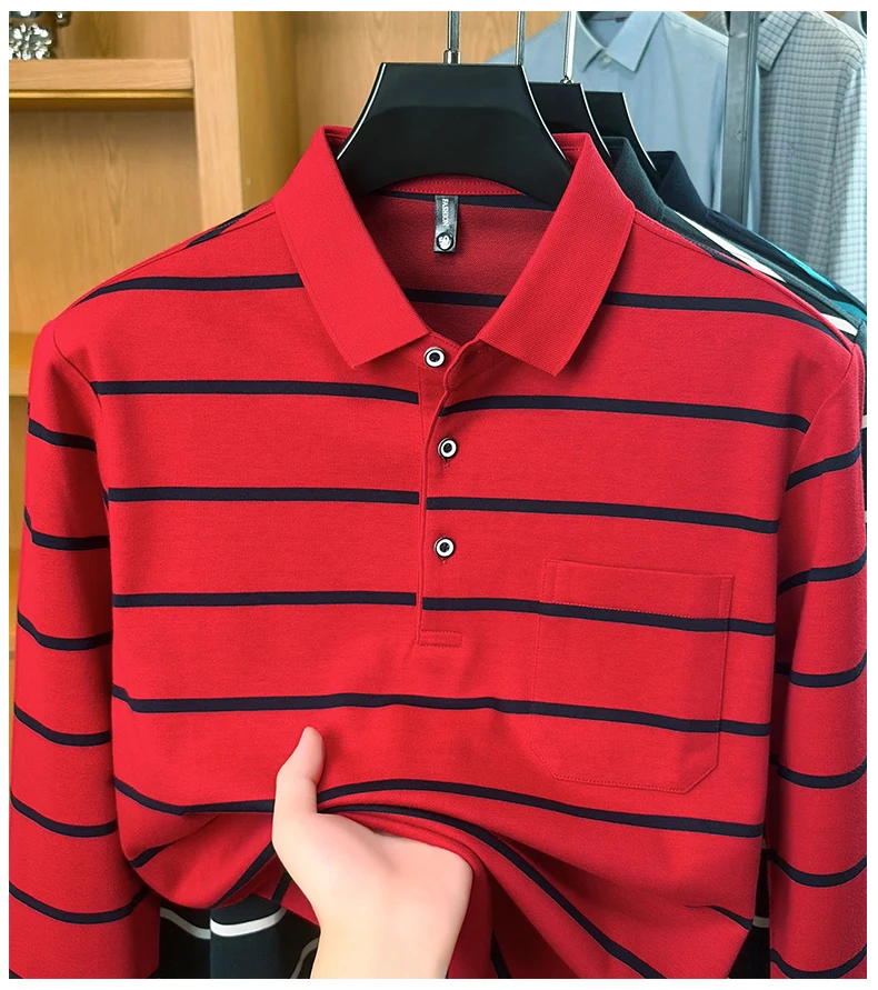 Leichtes Luxus-Poloshirt mit Streifenmuster, langen Ärmeln, für Herren, bequem, hochwertig, mit Tasche, neues lässiges T-Shirt, Frühling/Herbst, modisches Oberteil mit Kragen. – Detail 5