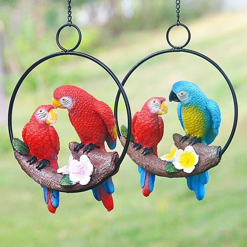 

Iron Circle Double Parrot Pendant Cute Cartoon Bird Statue Simulated Resin Animal Sculpture Figurine Balcony
