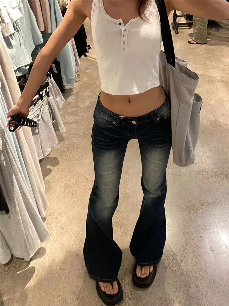 

Extended Length Flare Denim Jeans for Women Vintage Washed Slimming American High Street Style Autumn Low Waist Deep Color