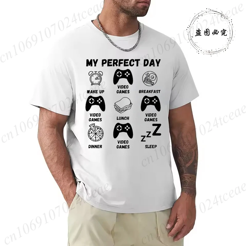 Men's My Perfect Day Gaming T-Shirt Funny Video Game Enthusiasts Print T-shirts Casual Short Sleeve O Neck Tee Gamer Graphic Top