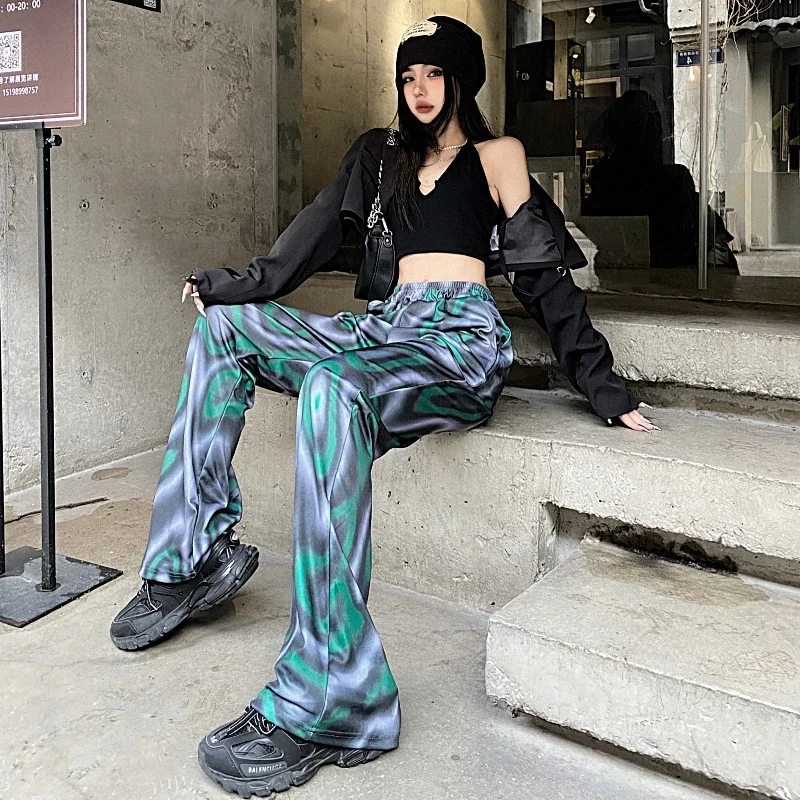 Pantalones rectos de cintura alta para mujer, pantalón de Cachemira con contraste de Graffiti, ropa estética grunge, y2k, harajuku callejero, 2024